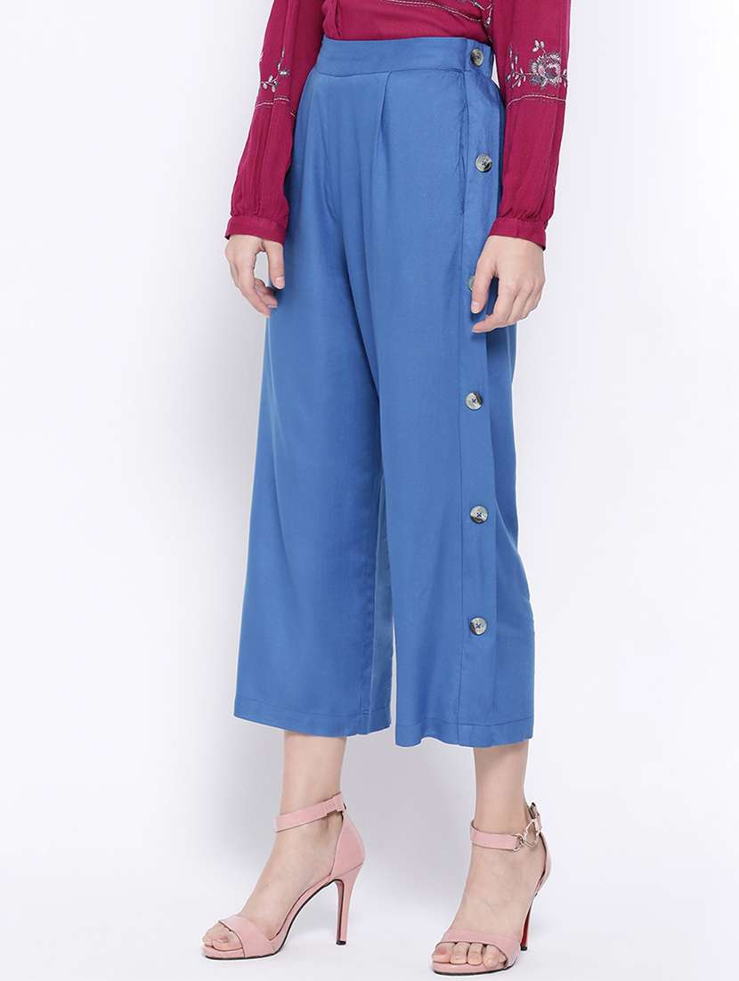 women solid light blue detailed culottes - 16936452 -  Standard Image - 1