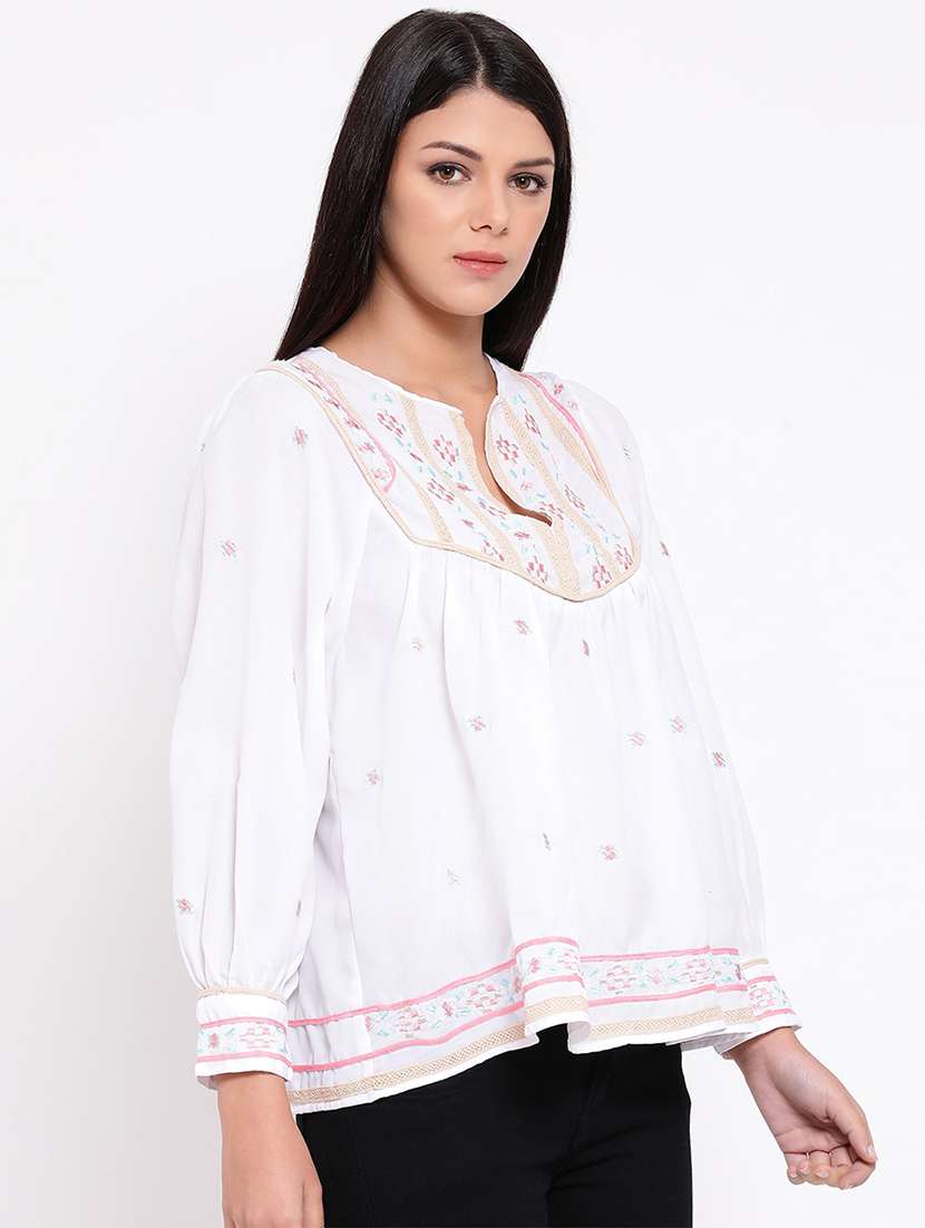 embroidered detail notch neck top - 16936513 - Standard Image - 1