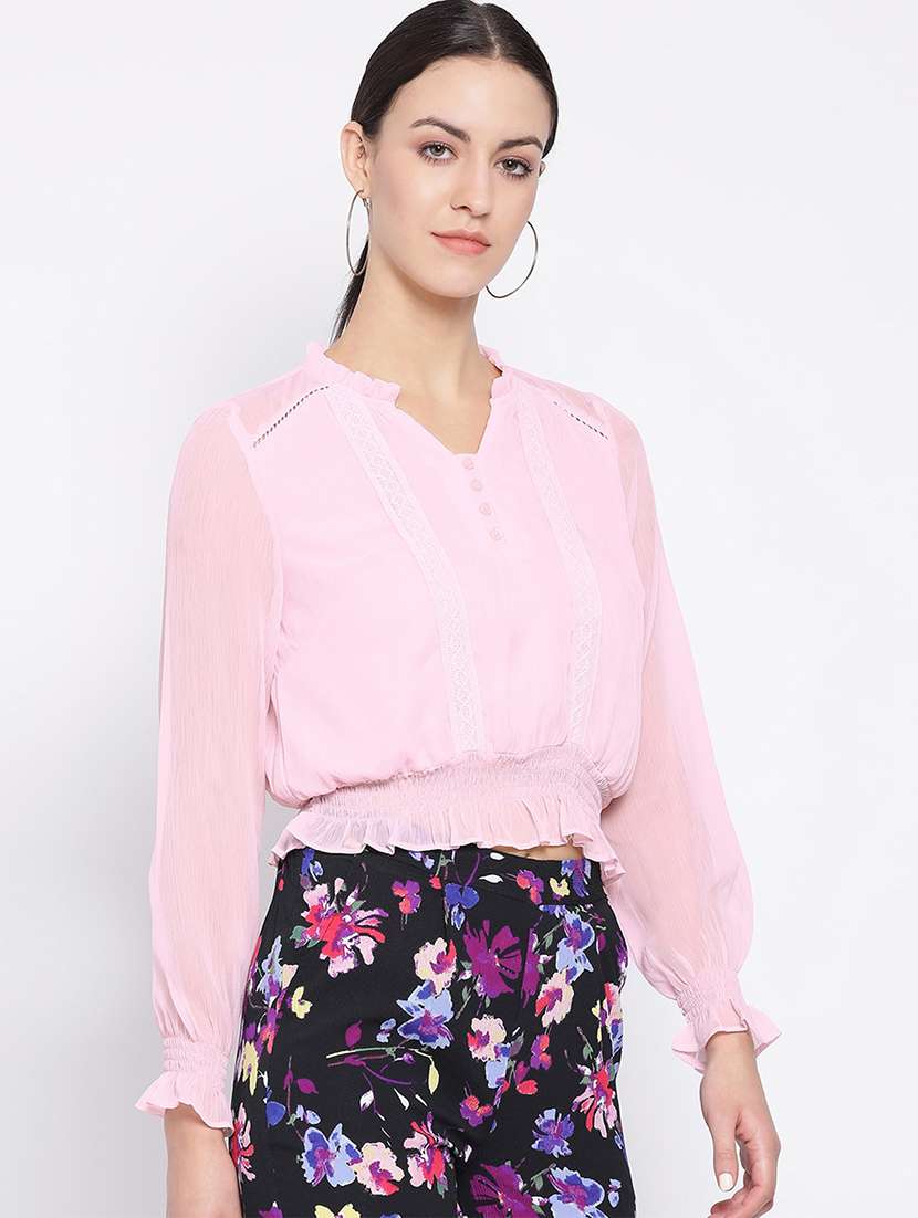 lace trim smocked detail blouson top - 16936521 - Standard Image - 1