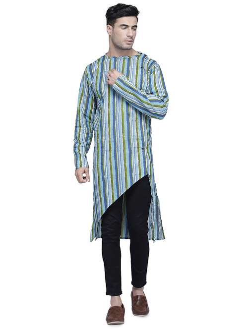blue striped asymmetric kurta - 16938510 - Standard Image - 0