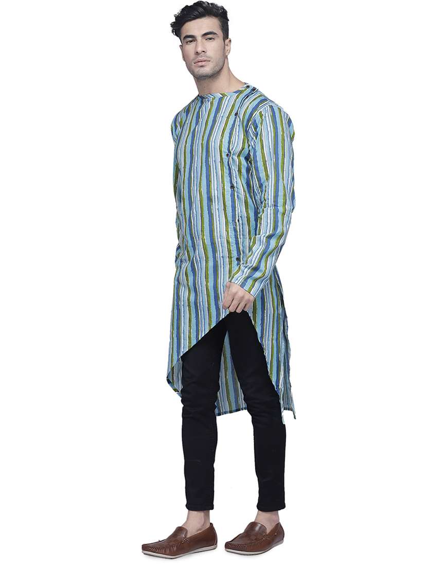 blue striped asymmetric kurta - 16938510 -  Standard Image - 1