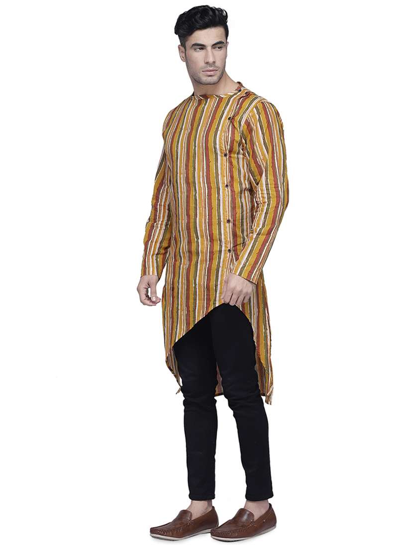 yellow striped asymmetric kurta - 16938513 -  Standard Image - 1