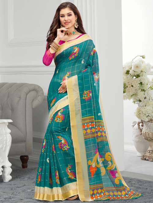 women's floral blue colored saree with blouse - 16939802 -  Standard Image - 0