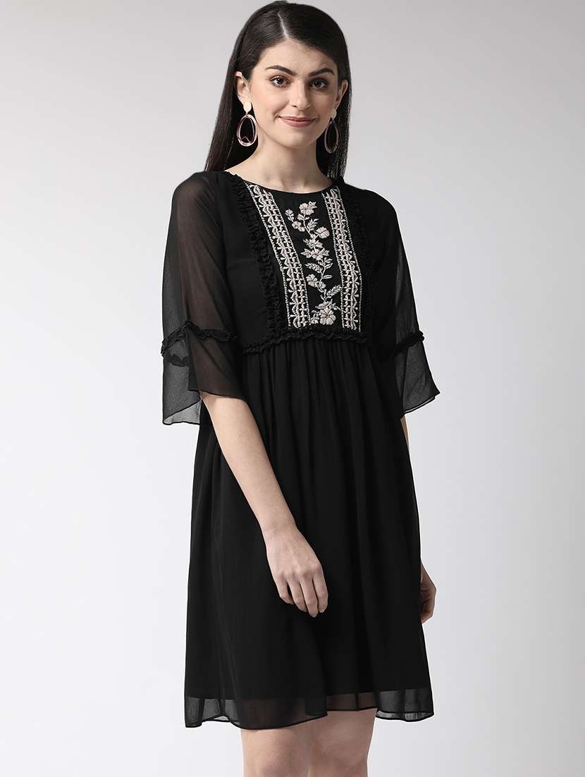 frill trim embroidered panel a-line dress
