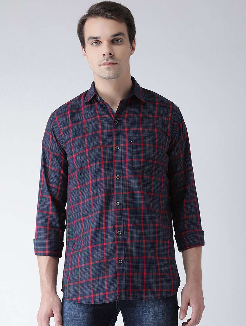navy blue checkered casual shirt