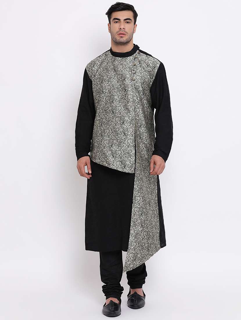 black pure silk brocade asymmetric kurta