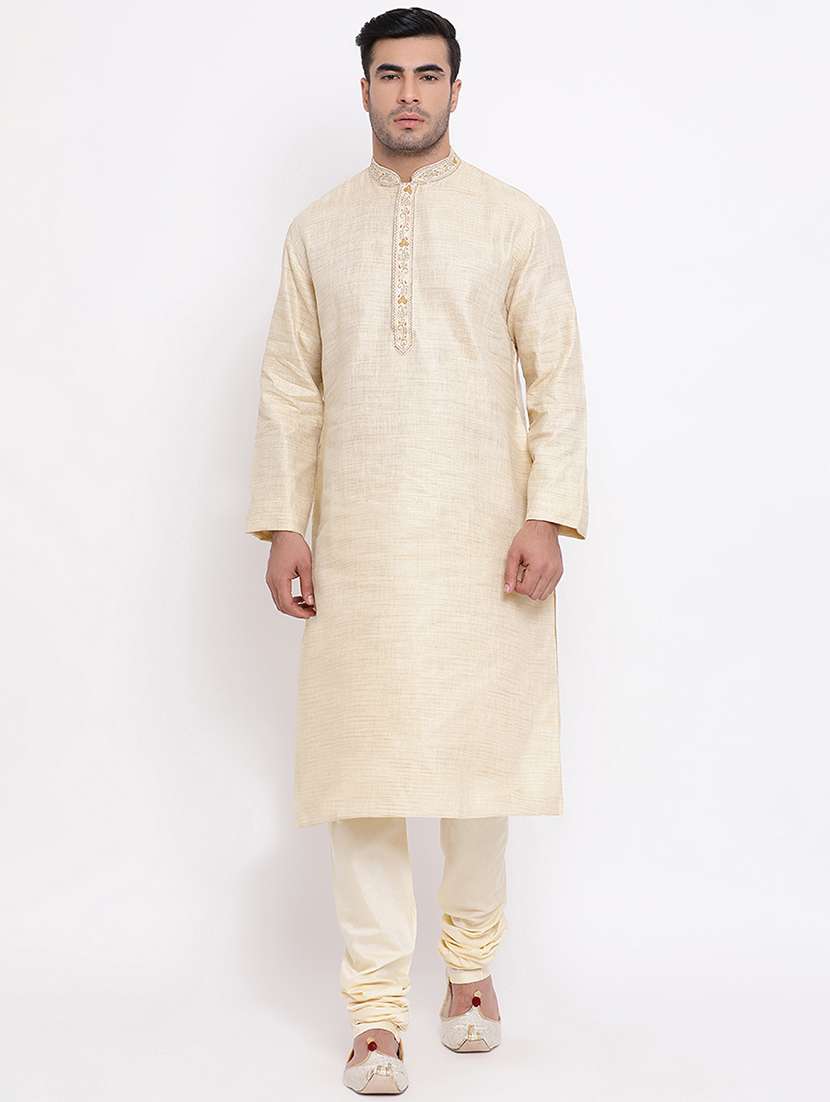 beige self design long kurta with embroidered neckline