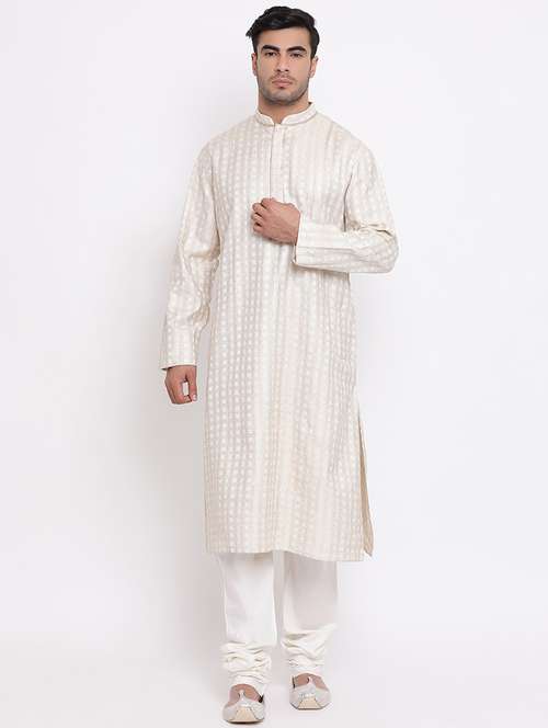 beige woven khadi cotton long kurta - 16942376 -  Standard Image - 0