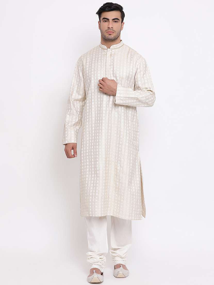 beige woven khadi cotton long kurta