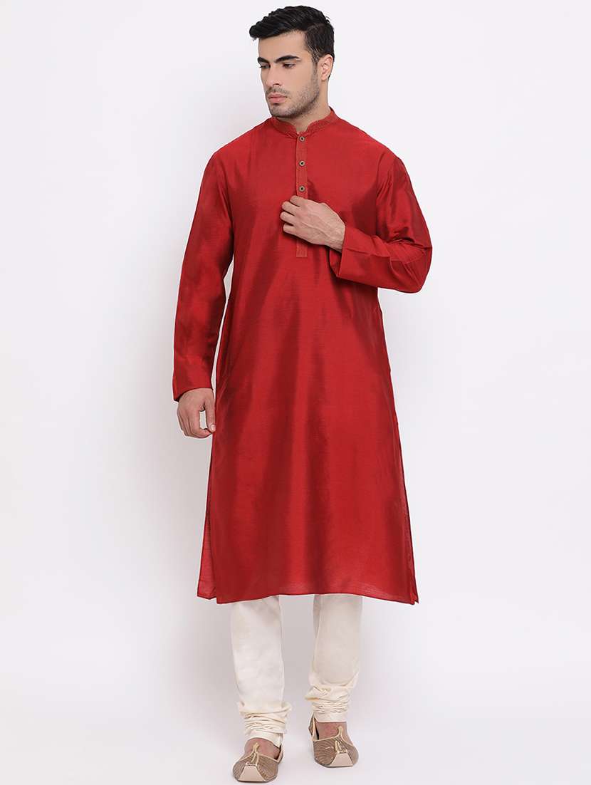 red solid silk blend long kurta with embroidered neckline