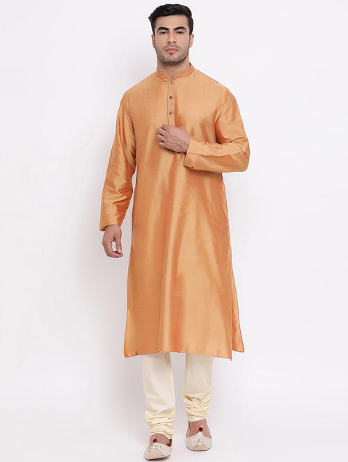 orange solid silk blend long kurta with embroidered neckline - 16942379 - Standard Image - 0