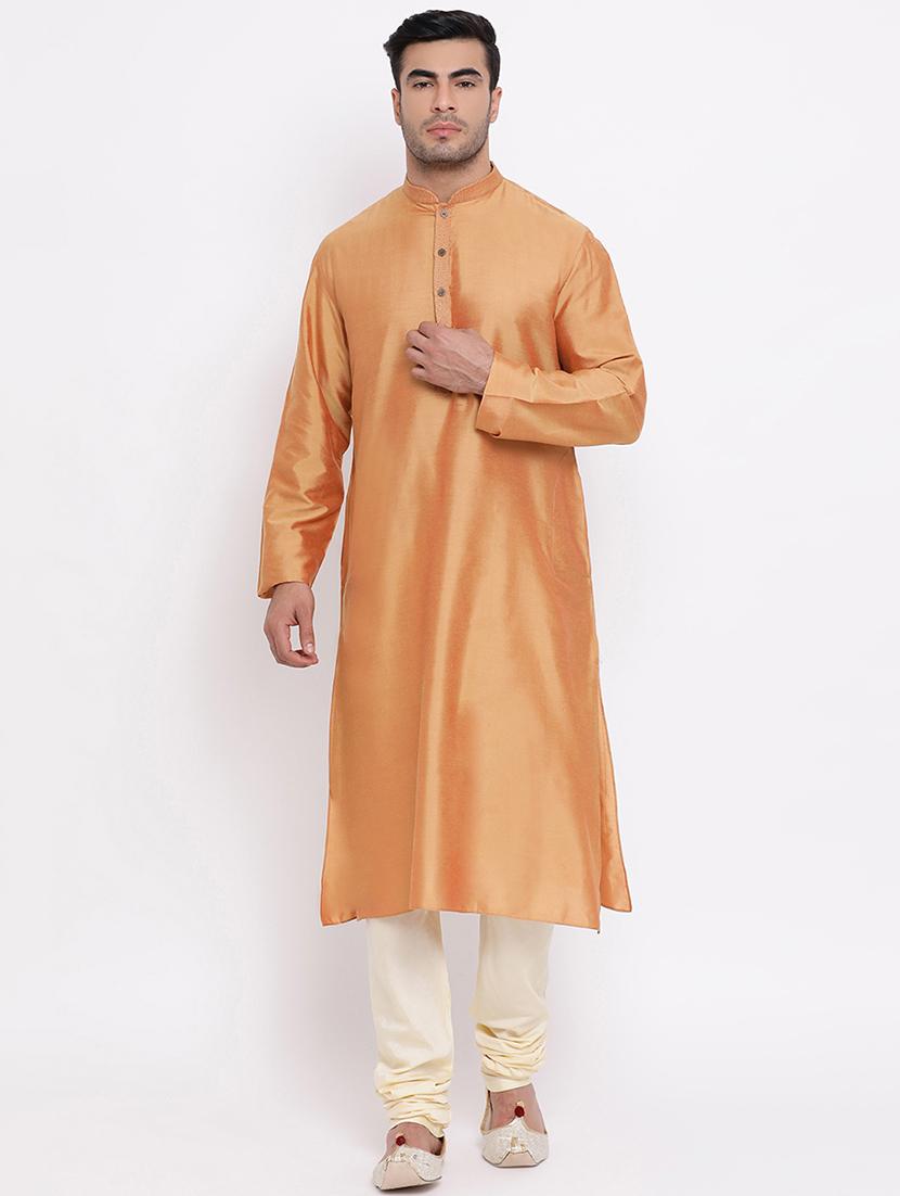 orange solid silk blend long kurta with embroidered neckline - 16942379 - Zoom Image - 0