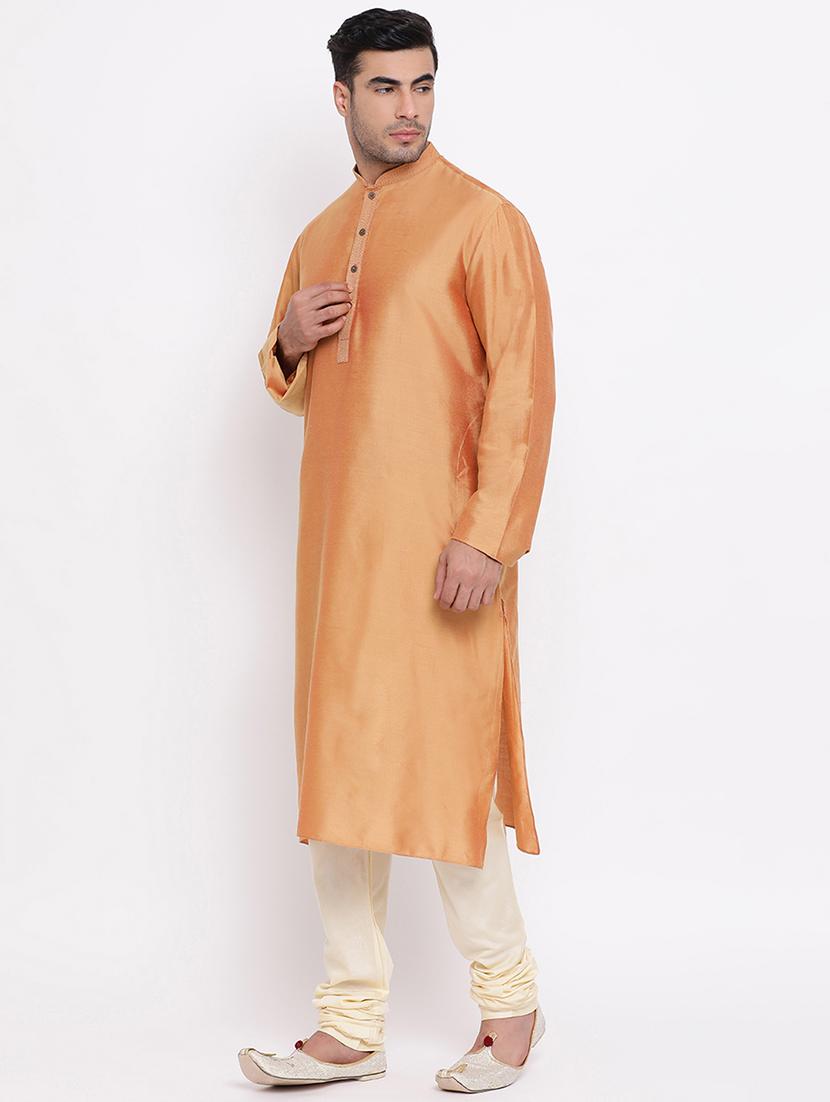 orange solid silk blend long kurta with embroidered neckline - 16942379 - Standard Image - 1