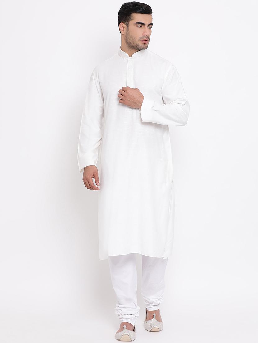 white solid khadi cotton long kurta with embroidered neckline - 16942381 - Zoom Image - 0