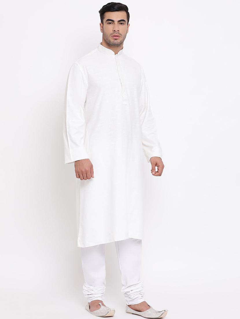 white solid khadi cotton long kurta with embroidered neckline - 16942381 -  Standard Image - 1