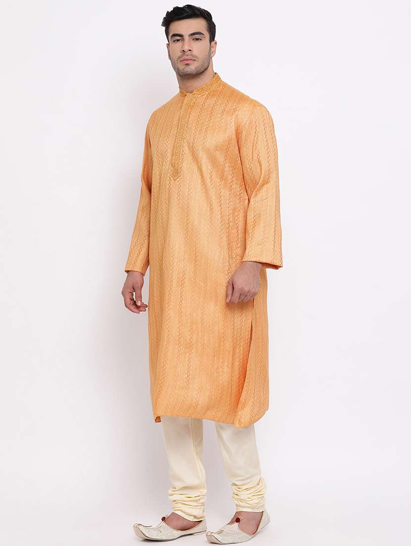 orange self design long kurta with embroidered neckline - 16942385 -  Standard Image - 1