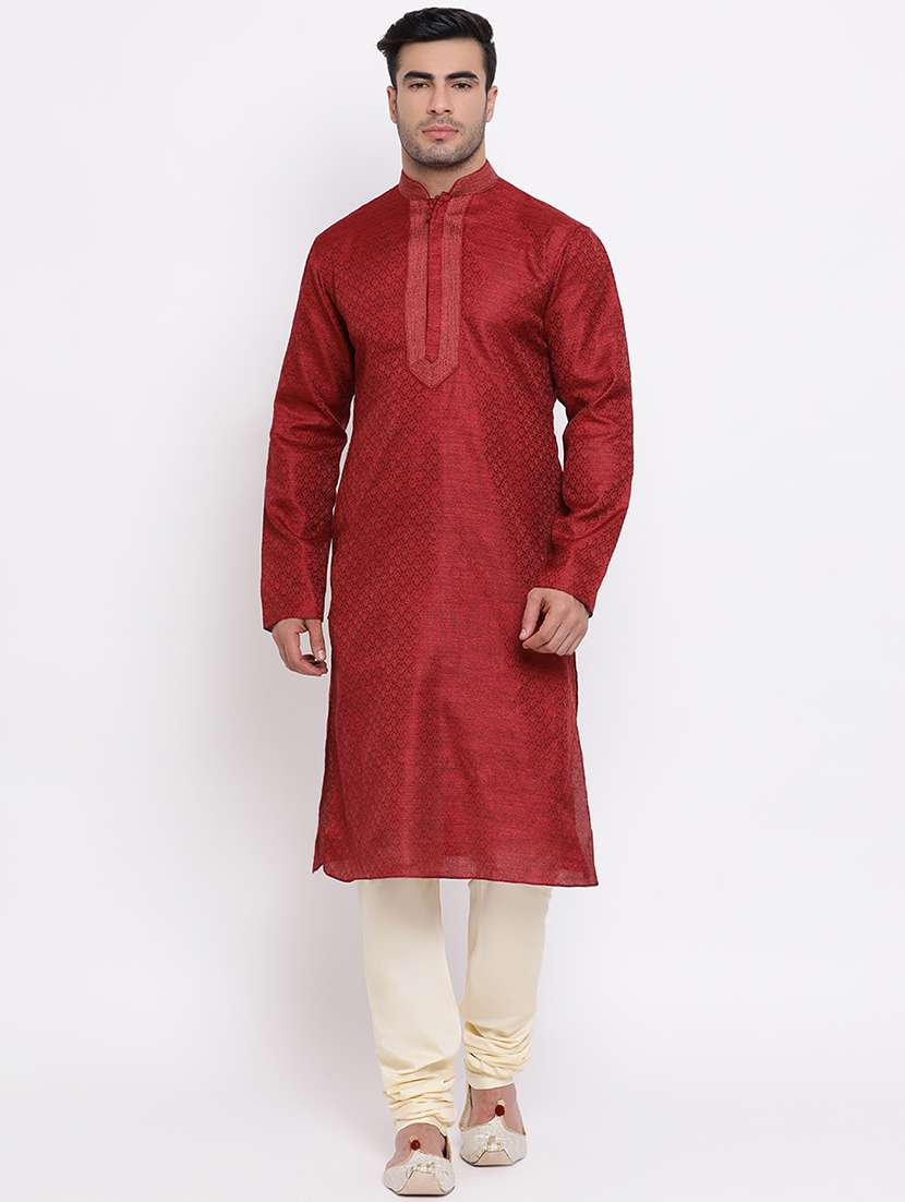 red pure silk jacquard long kurta with embroidered neckline