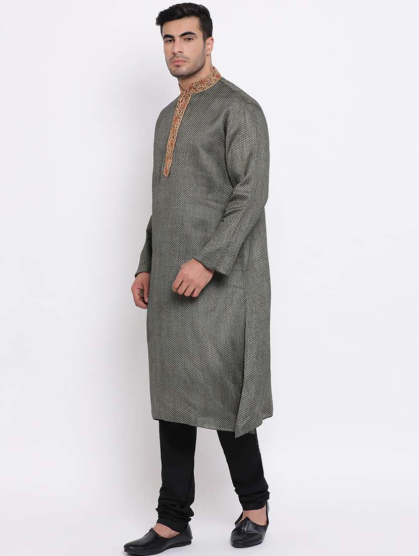 black jacquard long kurta with embroidered neckline - 16942387 -  Standard Image - 1