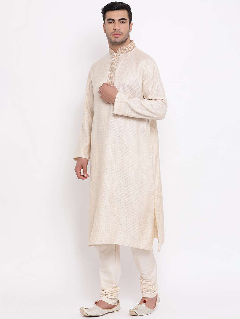 beige jacquard long kurta with embroidered neckline - 16942390 -  Standard Image - 1
