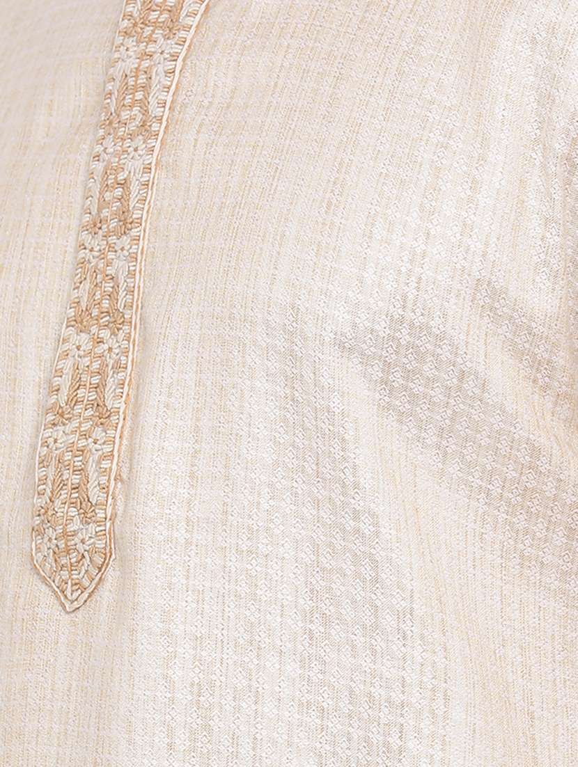 beige jacquard long kurta with embroidered neckline - 16942390 -  Standard Image - 4