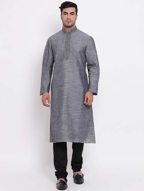 grey solid long kurta with embroidered neckline - 16942391 - Standard Image - 0