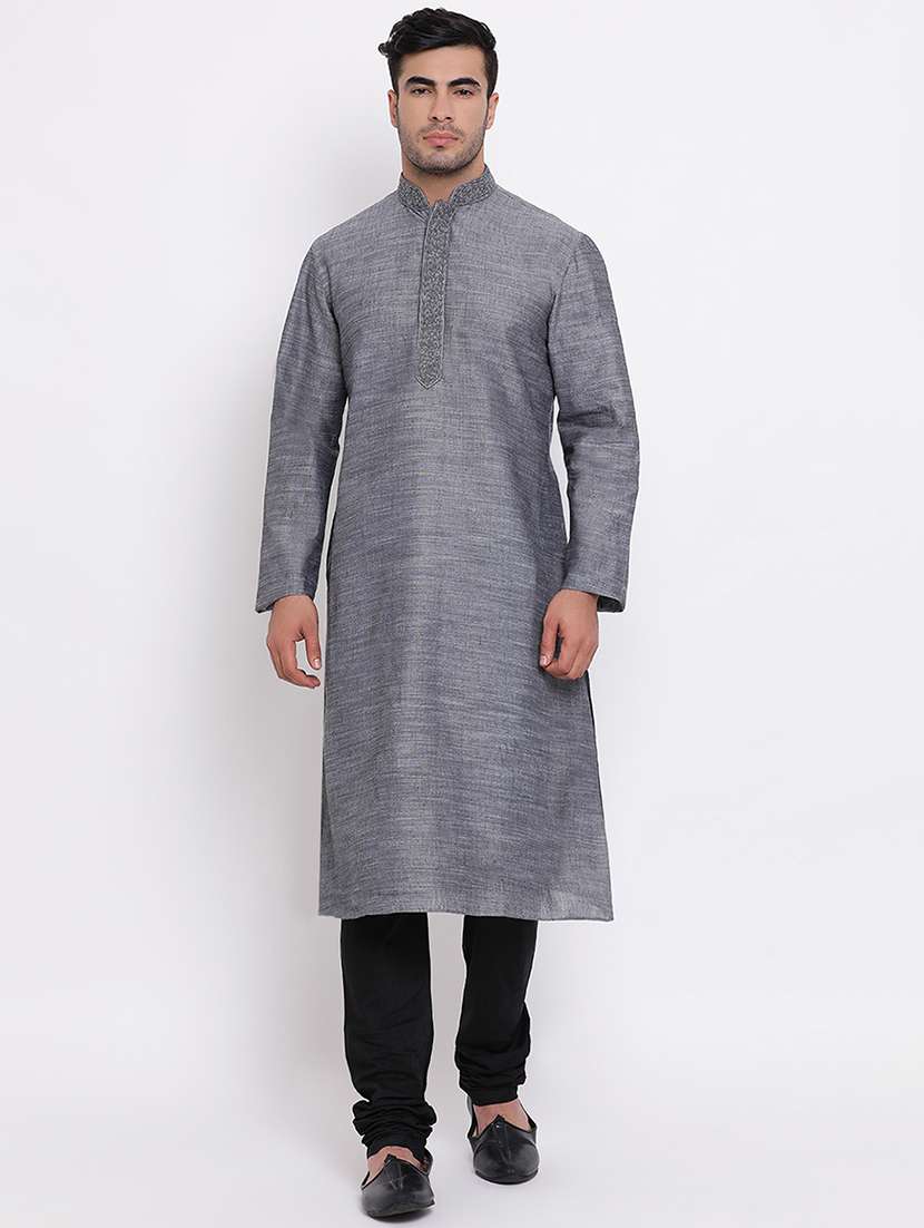 grey solid long kurta with embroidered neckline