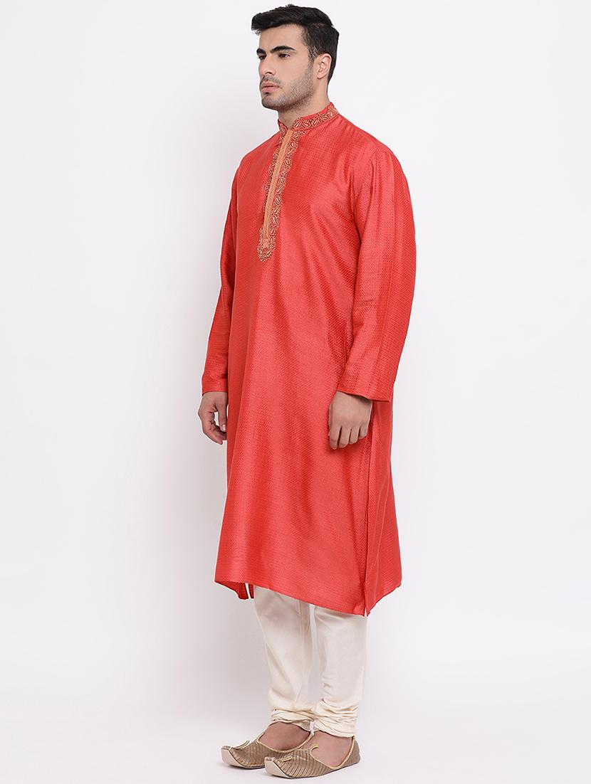 orange self design silk blend kurta churidar - 16943220 - Standard Image - 1