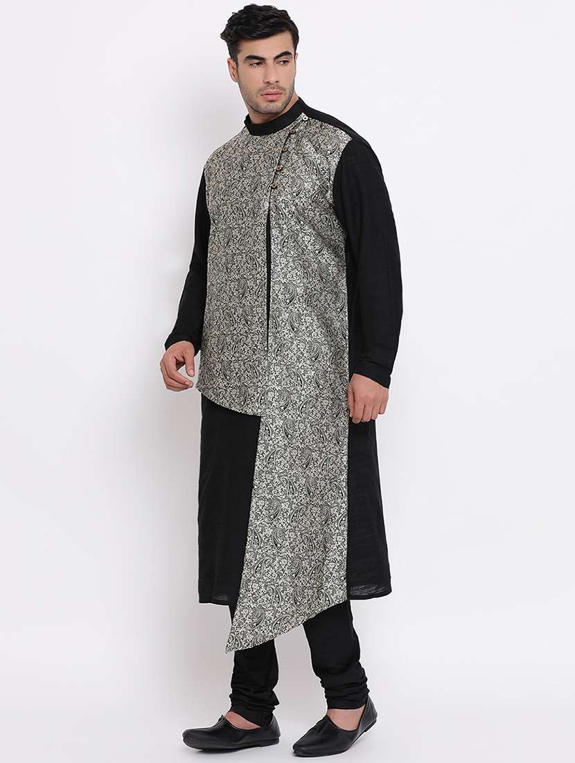 black pure silk brocade asymmetric kurta churidar set  - 16943222 -  Standard Image - 1