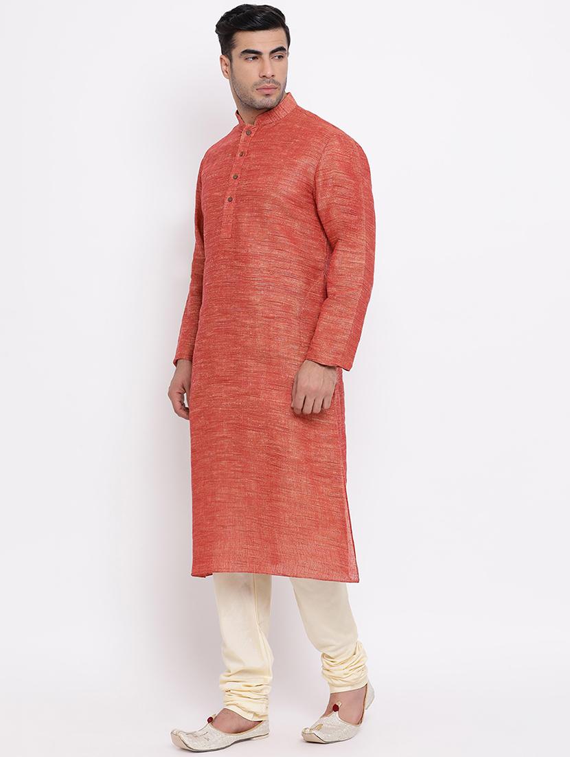 orange solid khadi kurta churidar set - 16943234 - Standard Image - 1
