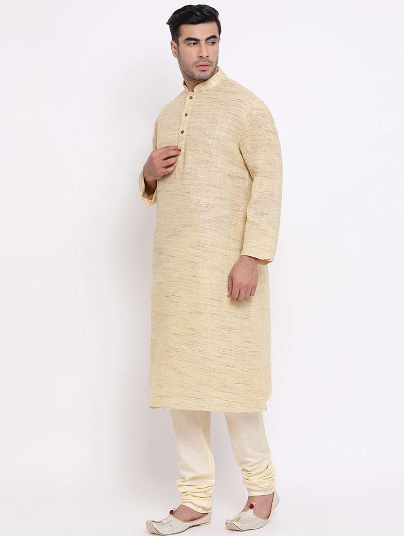 beige solid khadi kurta churidar set - 16943235 - Standard Image - 1