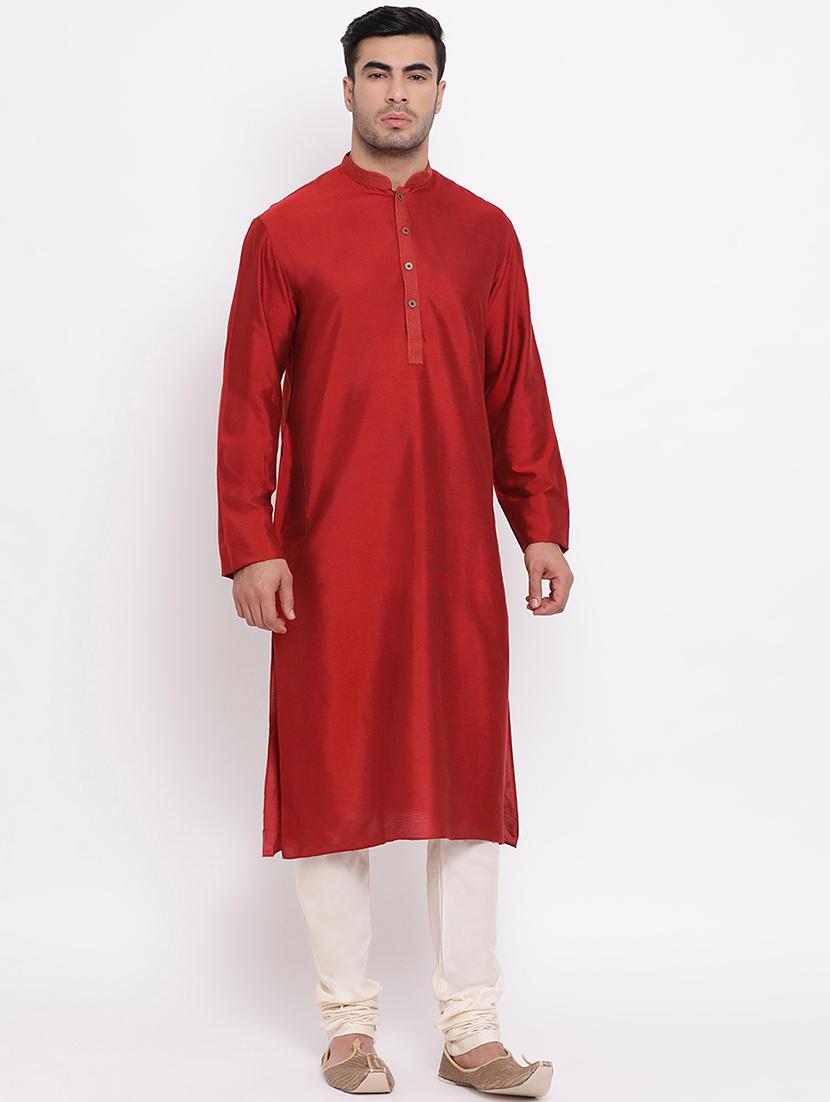 red solid silk blend kurta churidar set - 16943239 - Standard Image - 1