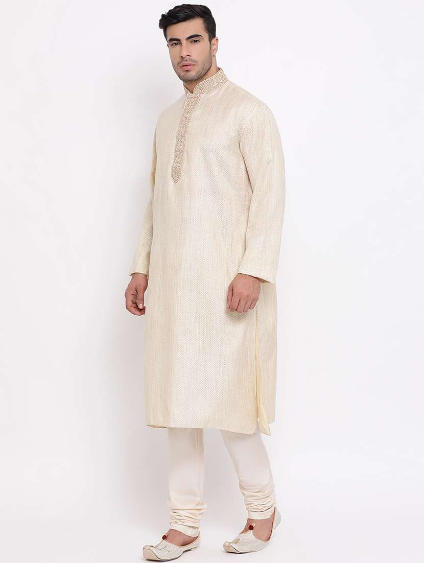 beige jacquard kurta churidar set - 16943250 -  Standard Image - 1