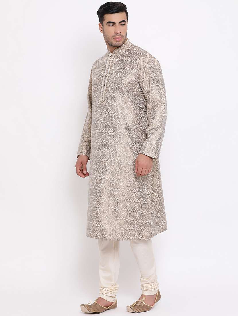 beige pure silk brocade kurta churidar set - 16943254 - Standard Image - 1