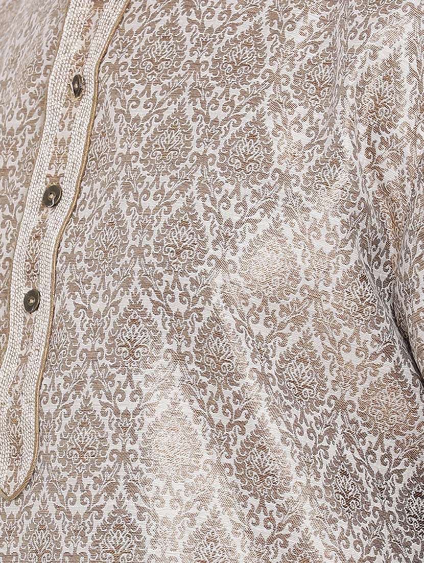 beige pure silk brocade kurta churidar set - 16943254 - Standard Image - 4