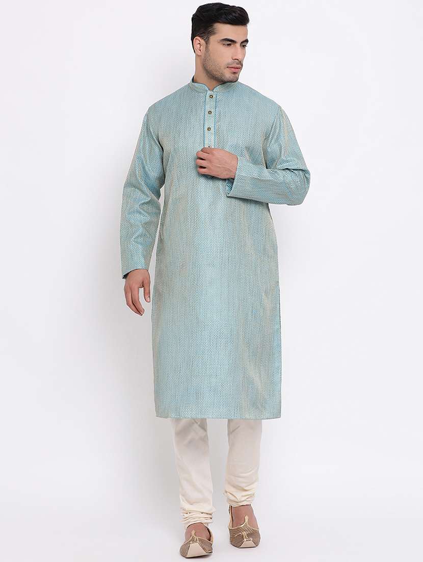 blue pure silk jacquard kurta churidar set