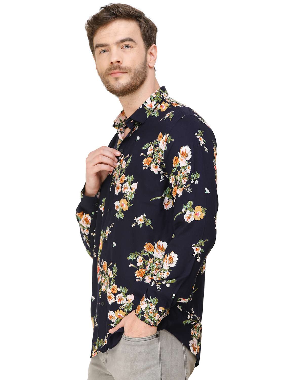 navy blue floral printed casual shirt - 16943418 -  Standard Image - 1