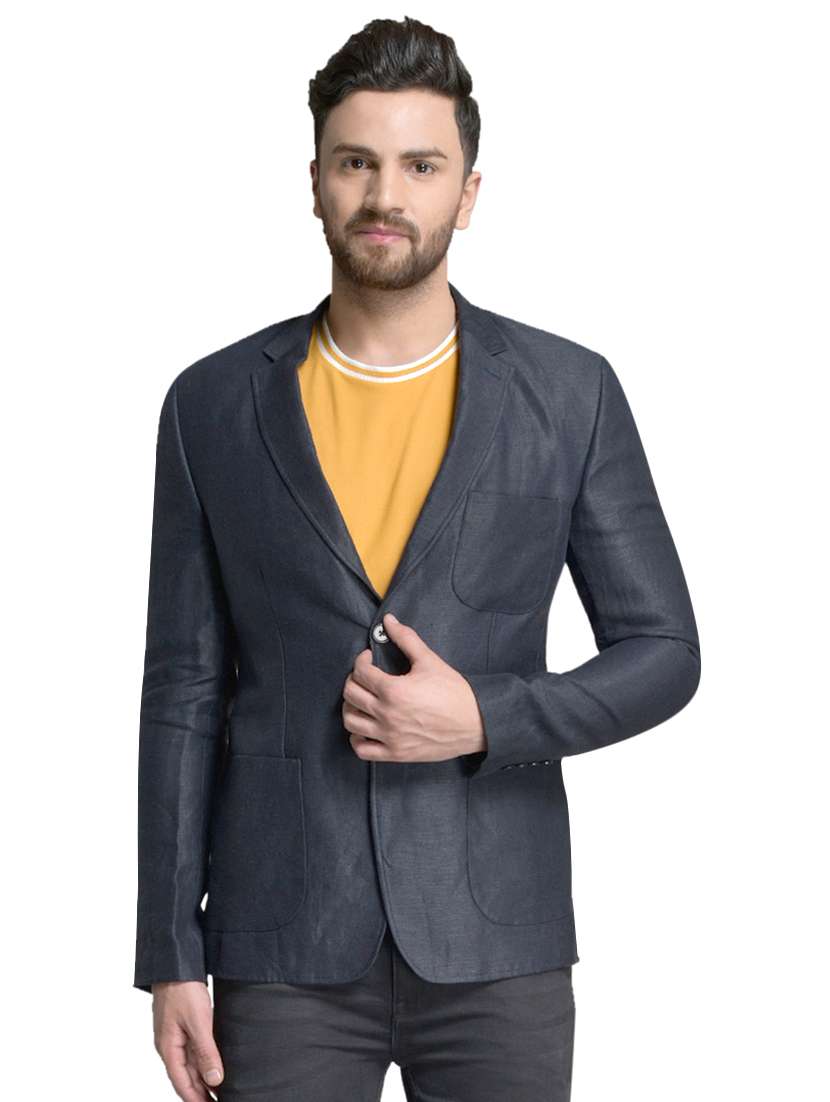 navy blue linen solid single breasted casual blazer