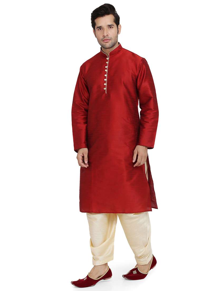 red silk blend dhoti kurta set - 16945631 - Standard Image - 1