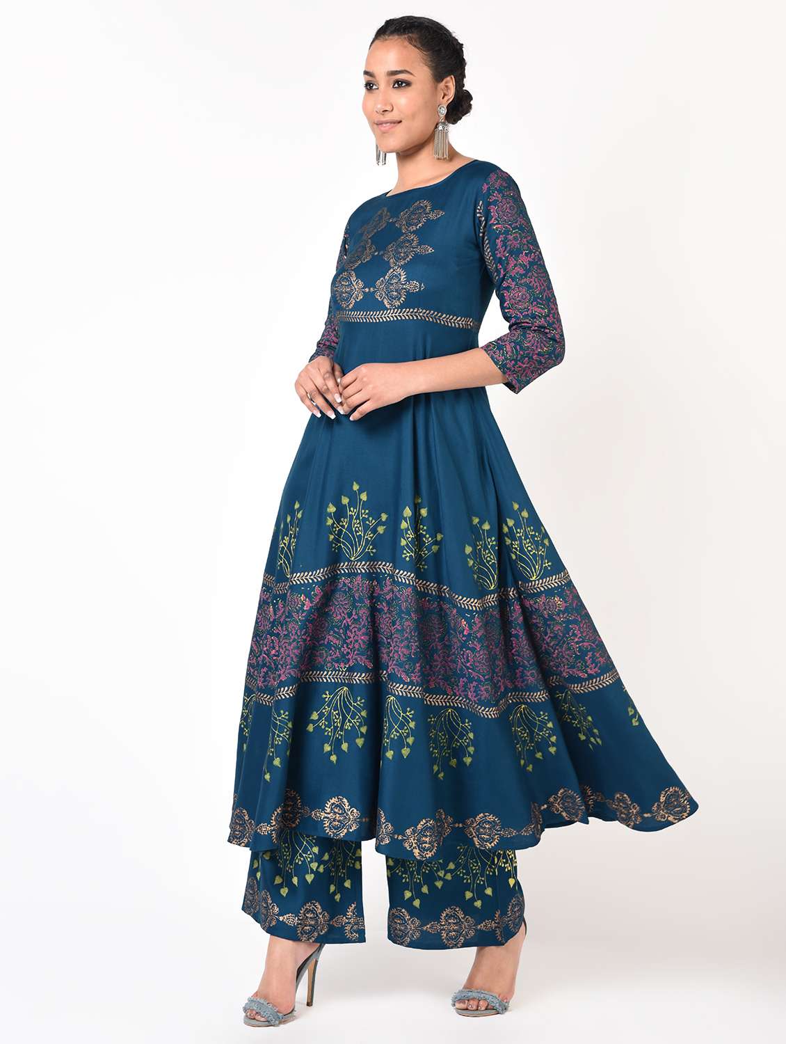 aniyah women gold print anarkali palazzo set