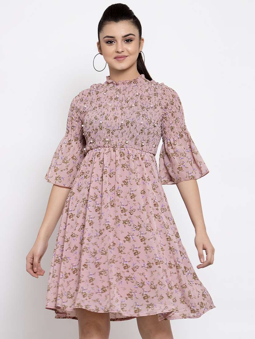 smocked detail floral flared dress 