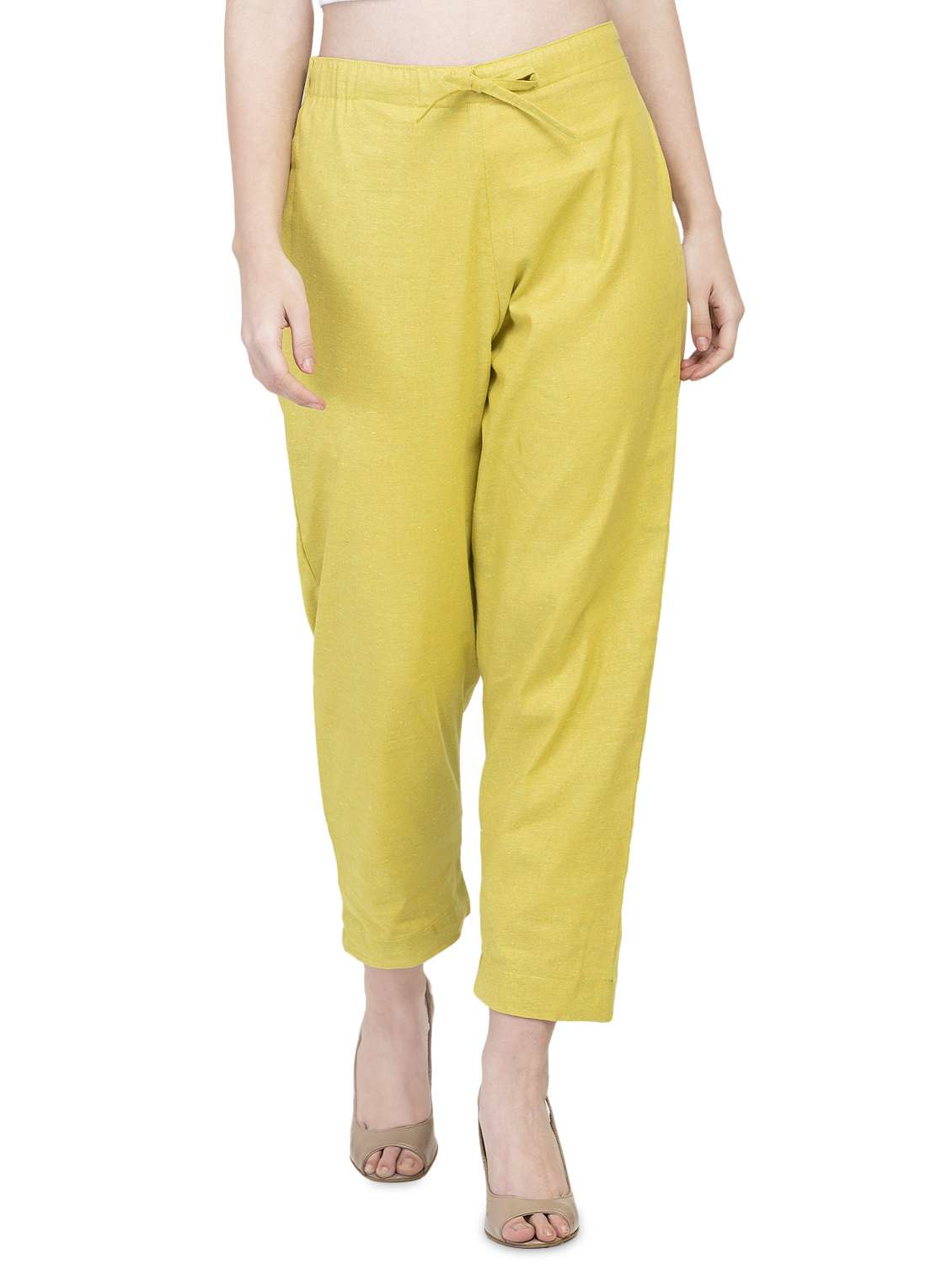 women solids calf length trousers