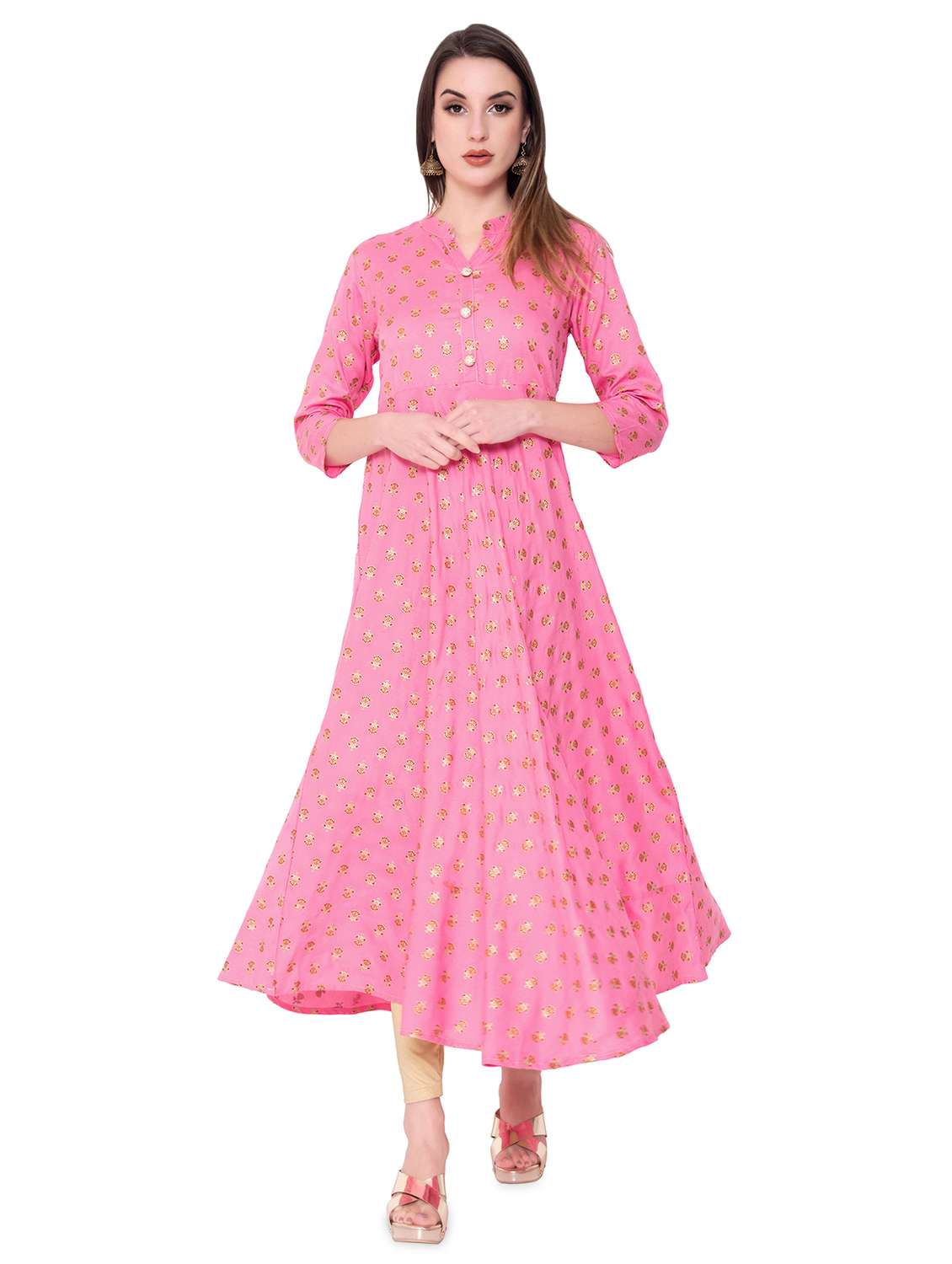 gold print flared kurta