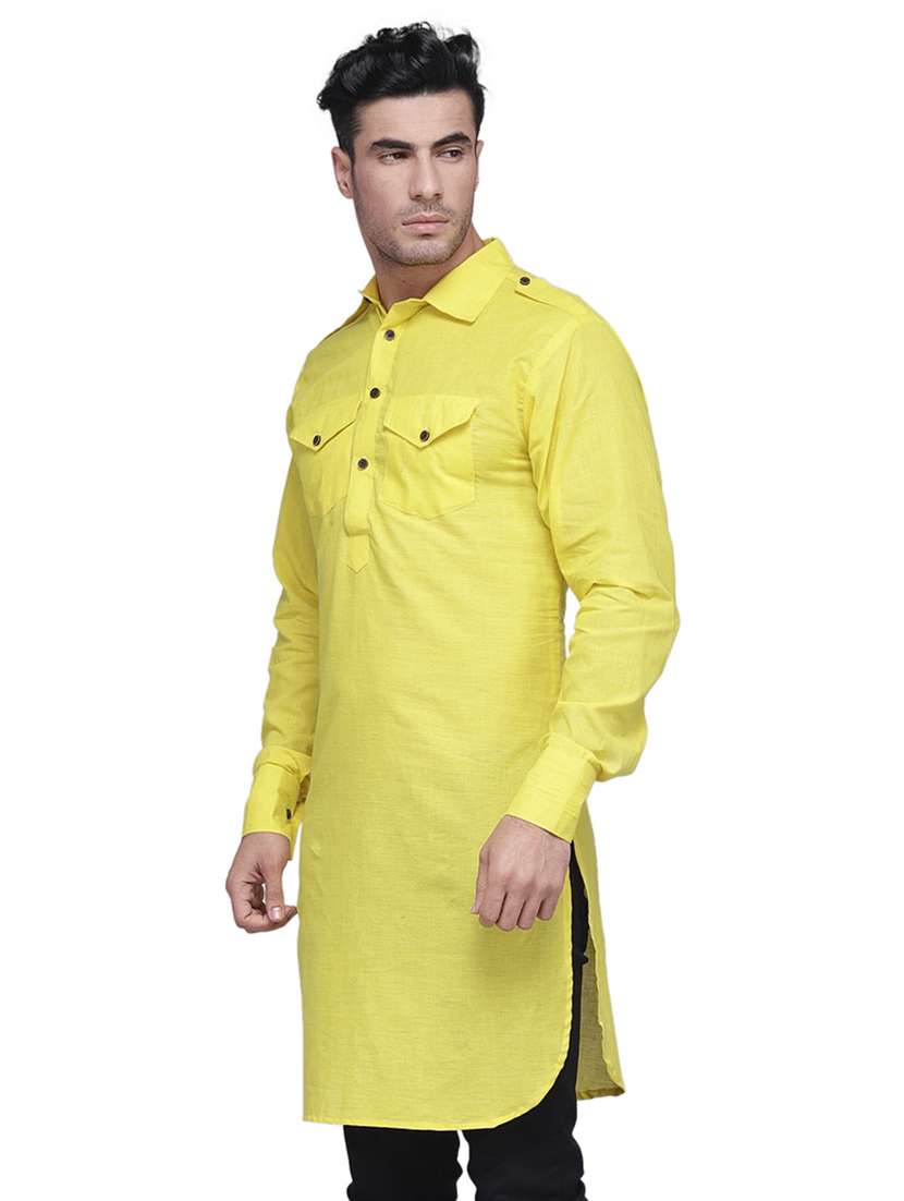 yellow solid pathani kurta - 16963536 - Standard Image - 1