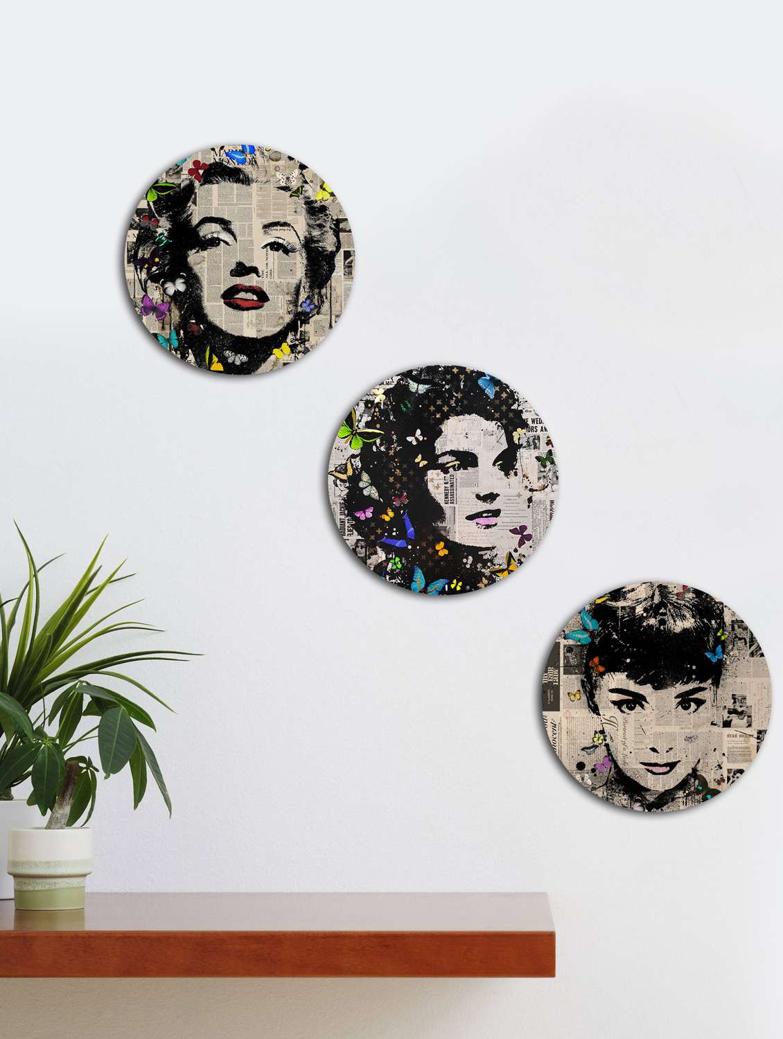 round wall paintings newspaper for living room with wooden frame and without glass - set of 3