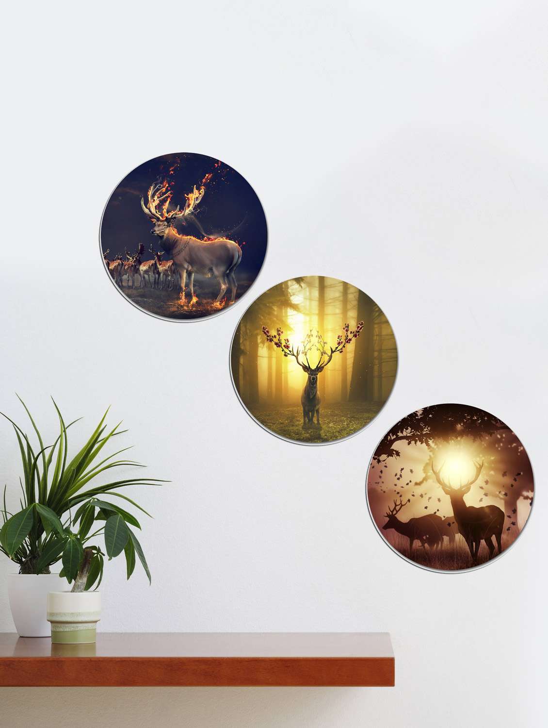 round wall paintings deer print for living room with wooden frame and without glass - set of 3