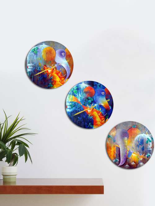  round wall paintings ganesha print for living room with wooden frame and without glass - set of 3 - 16966493 -  Standard Image - 0