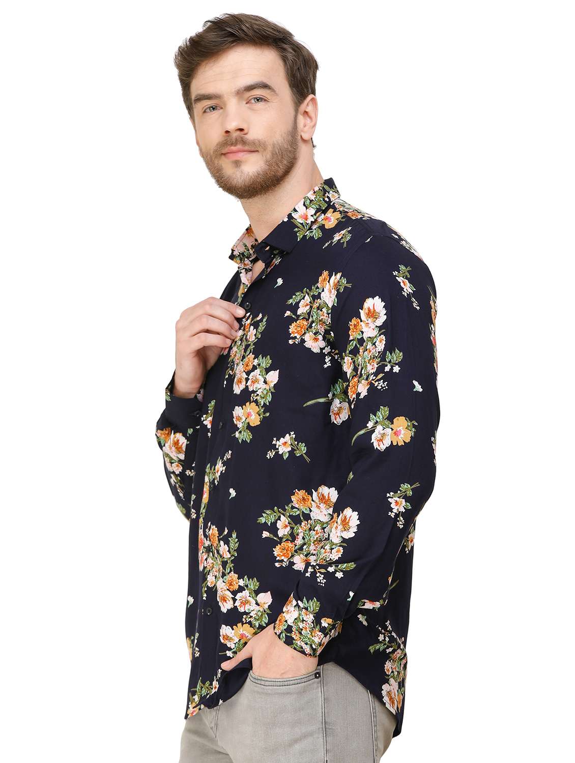 navy blue floral print casual shirt - 16970018 - Standard Image - 1