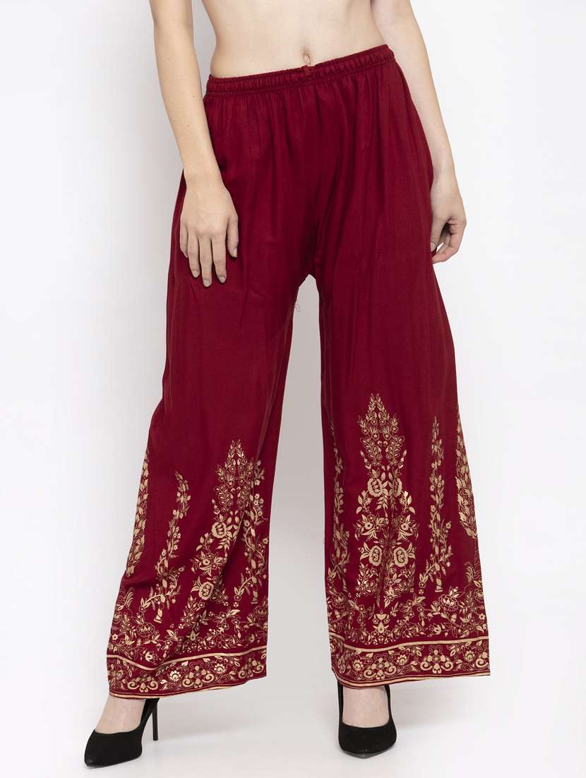 maroon foil print straight palazzo 
