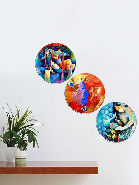  round wall paintings for krishna painting living room with wooden frame and without glass - set of 3