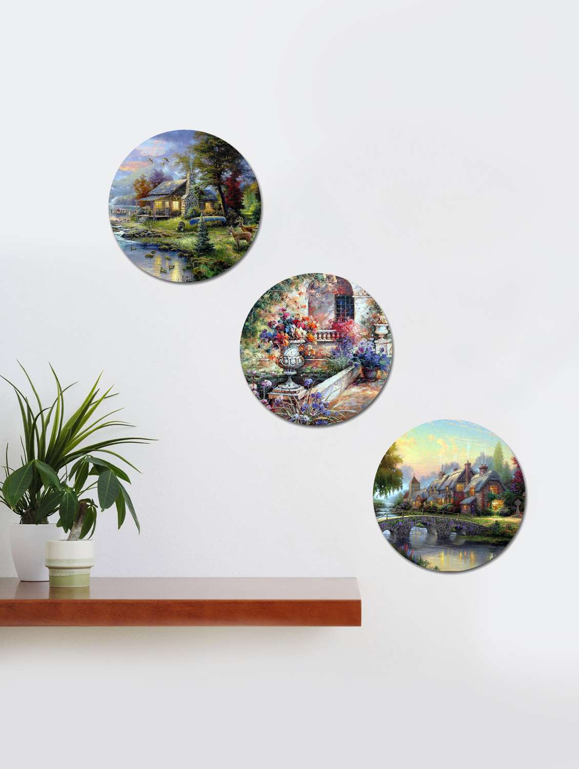  round nature painting living room with wooden frame and without glass - set of 3